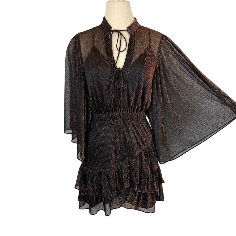 IRO Reblea Metallic Lurex Ruffle Mini Dress Wide Short Sleeve Black/Copper 34